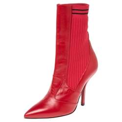 Pre Owned Fendi Red Leather and Knit Fabric Rockoko Ankle Length Boots Size 37