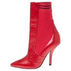 Pre Owned Fendi Red Leather and Knit Fabric Rockoko Ankle Length Boots Size 37