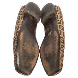 Pre Owned Fendi Gold/Brown Zucca Canvas and Leather Trim Ballet Flats Size 36