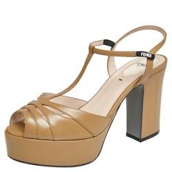 Pre Owned Fendi Brown Leather T-Strap Cut-out Platform Sandals Size 38.5