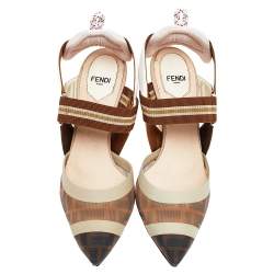Pre Owned Fendi Brown And Beige FF Print Mesh And Leather Colibri Slingback Sandals Size 36