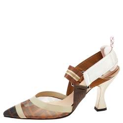 Pre Owned Fendi Brown And Beige FF Print Mesh And Leather Colibri Slingback Sandals Size 36