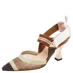 Pre Owned Fendi Brown And Beige FF Print Mesh And Leather Colibri Slingback Sandals Size 36