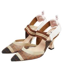 Pre Owned Fendi Brown And Beige FF Print Mesh And Leather Colibri Slingback Sandals Size 36