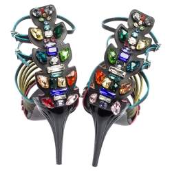 Pre Owned Fendi Black Leather Jewel Embellished Runway Strappy Sandals Size 37.5