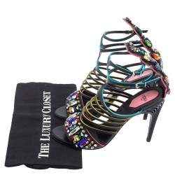 Pre Owned Fendi Black Leather Jewel Embellished Runway Strappy Sandals Size 37.5