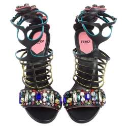 Pre Owned Fendi Black Leather Jewel Embellished Runway Strappy Sandals Size 37.5