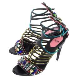 Pre Owned Fendi Black Leather Jewel Embellished Runway Strappy Sandals Size 37.5