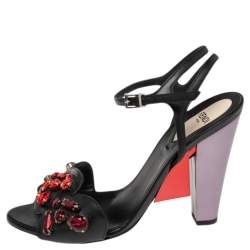 مملوكة مسبقًا Fendi Black Leather Crystal Embellished Ankle Strap Sandals Size 37