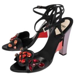مملوكة مسبقًا Fendi Black Leather Crystal Embellished Ankle Strap Sandals Size 37