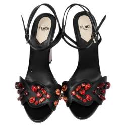 مملوكة مسبقًا Fendi Black Leather Crystal Embellished Ankle Strap Sandals Size 37