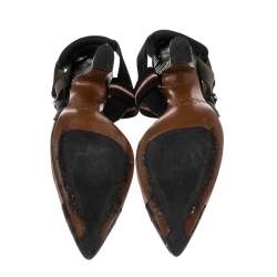 Pre Owned Fendi Beige/Black Mesh And Canvas Colibrì Slingback Sandals Size 38