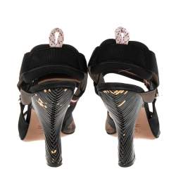 Pre Owned Fendi Beige/Black Mesh And Canvas Colibrì Slingback Sandals Size 38