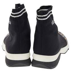 Pre Owned Fendi Black/Zucca Knit Fabric And Synthetic Leather Sock High Top Sneakers Size 39