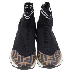 Pre Owned Fendi Black/Zucca Knit Fabric And Synthetic Leather Sock High Top Sneakers Size 39