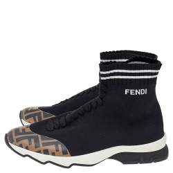 Pre Owned Fendi Black/Zucca Knit Fabric And Synthetic Leather Sock High Top Sneakers Size 39