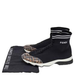 Pre Owned Fendi Black/Zucca Knit Fabric And Synthetic Leather Sock High Top Sneakers Size 39