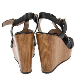 Pre Owned Fendi Black Leather T Strap Wedge Platform Sandals Size 37.5