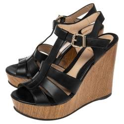 Pre Owned Fendi Black Leather T Strap Wedge Platform Sandals Size 37.5