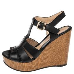 Pre Owned Fendi Black Leather T Strap Wedge Platform Sandals Size 37.5