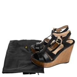 Pre Owned Fendi Black Leather T Strap Wedge Platform Sandals Size 37.5