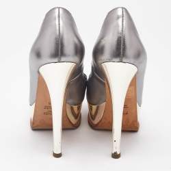 Fendi Silver/Blue Leather Fendista  Peep Toe Pumps Size 35