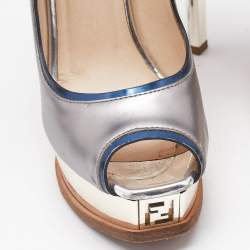 Fendi Silver/Blue Leather Fendista  Peep Toe Pumps Size 35