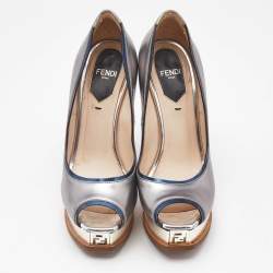 Fendi Silver/Blue Leather Fendista  Peep Toe Pumps Size 35