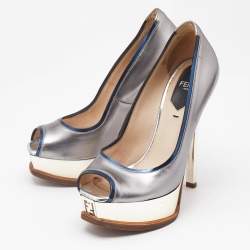 Fendi Silver/Blue Leather Fendista  Peep Toe Pumps Size 35