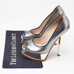 Fendi Silver/Blue Leather Fendista  Peep Toe Pumps Size 35