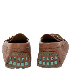 Fendi Brown/Turquoise Leather FF Logo Loafers Size 38.5