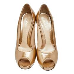 Pre Owned Fendi Metallic Beige Patent Leather Zucca Print Heel Peep Toe Pumps Size 38.5 