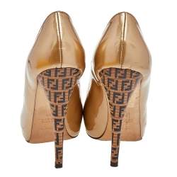 Pre Owned Fendi Metallic Beige Patent Leather Zucca Print Heel Peep Toe Pumps Size 38.5 