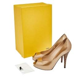 Pre Owned Fendi Metallic Beige Patent Leather Zucca Print Heel Peep Toe Pumps Size 38.5 