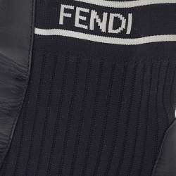 Pre Owned Fendi Black Leather And Stretch Knit Fabric Rockoko Ankle Boots Size 37.5
