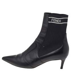 Pre Owned Fendi Black Leather And Stretch Knit Fabric Rockoko Ankle Boots Size 37.5