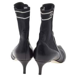 Pre Owned Fendi Black Leather And Stretch Knit Fabric Rockoko Ankle Boots Size 37.5