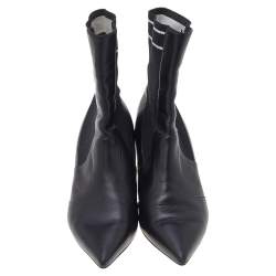 Pre Owned Fendi Black Leather And Stretch Knit Fabric Rockoko Ankle Boots Size 37.5