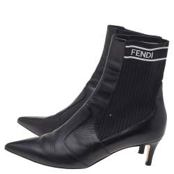 Pre Owned Fendi Black Leather And Stretch Knit Fabric Rockoko Ankle Boots Size 37.5