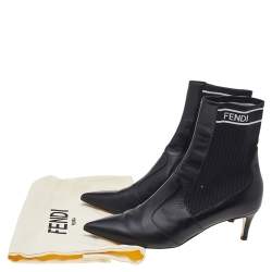 Pre Owned Fendi Black Leather And Stretch Knit Fabric Rockoko Ankle Boots Size 37.5