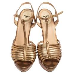 Pre Owned Fendi Metallic Gold Leather T Strap Platform Sandals Size 39