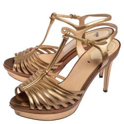 Pre Owned Fendi Metallic Gold Leather T Strap Platform Sandals Size 39