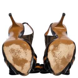 Pre Owned Fendi Tobacco Zucca Canvas and Leather Bow Peep Toe Slingback Sandals Size 38