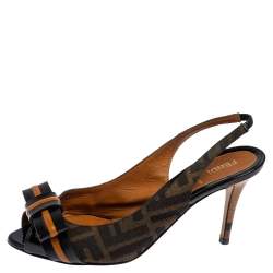 Pre Owned Fendi Tobacco Zucca Canvas and Leather Bow Peep Toe Slingback Sandals Size 38