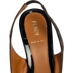 Pre Owned Fendi Tobacco Zucca Canvas and Leather Bow Peep Toe Slingback Sandals Size 38
