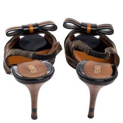 Pre Owned Fendi Tobacco Zucca Canvas and Leather Bow Peep Toe Slingback Sandals Size 38