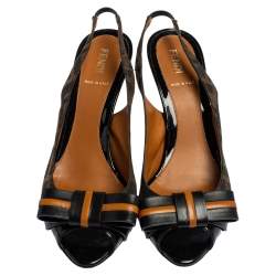 Pre Owned Fendi Tobacco Zucca Canvas and Leather Bow Peep Toe Slingback Sandals Size 38