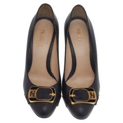 Pre Owned Fendi Black Leather FF Buckle Pumps Size 37.5 