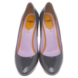 Pre Owned Fendi Grey Patent Leather Block Heel Pumps Size 39