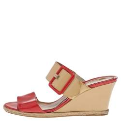 Fendi Orange-Beige Patent Leather Buckle Strap Wedge Espadrille Sandals Size 39